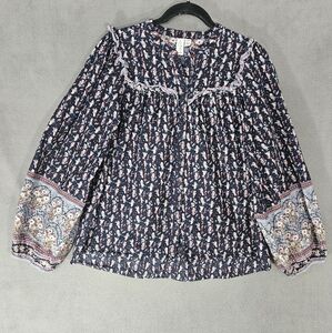 Joie Women Large Peasant Shirt Button Up Cottagecore Blue Floral Ruffle Romantic